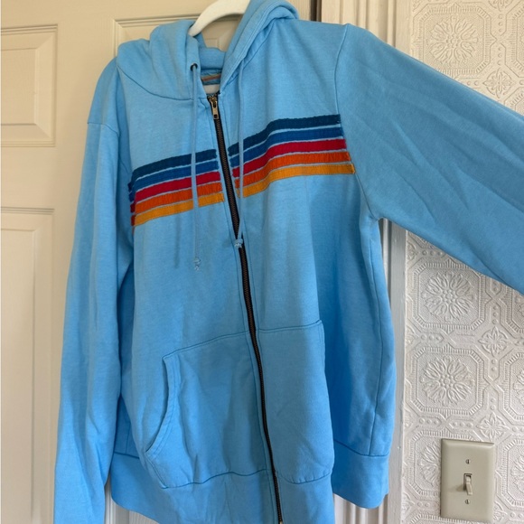 Aviator Nation Light Blue Zip-Up Hoodie with Multicolor Chest Stripes - Picture 9 of 9